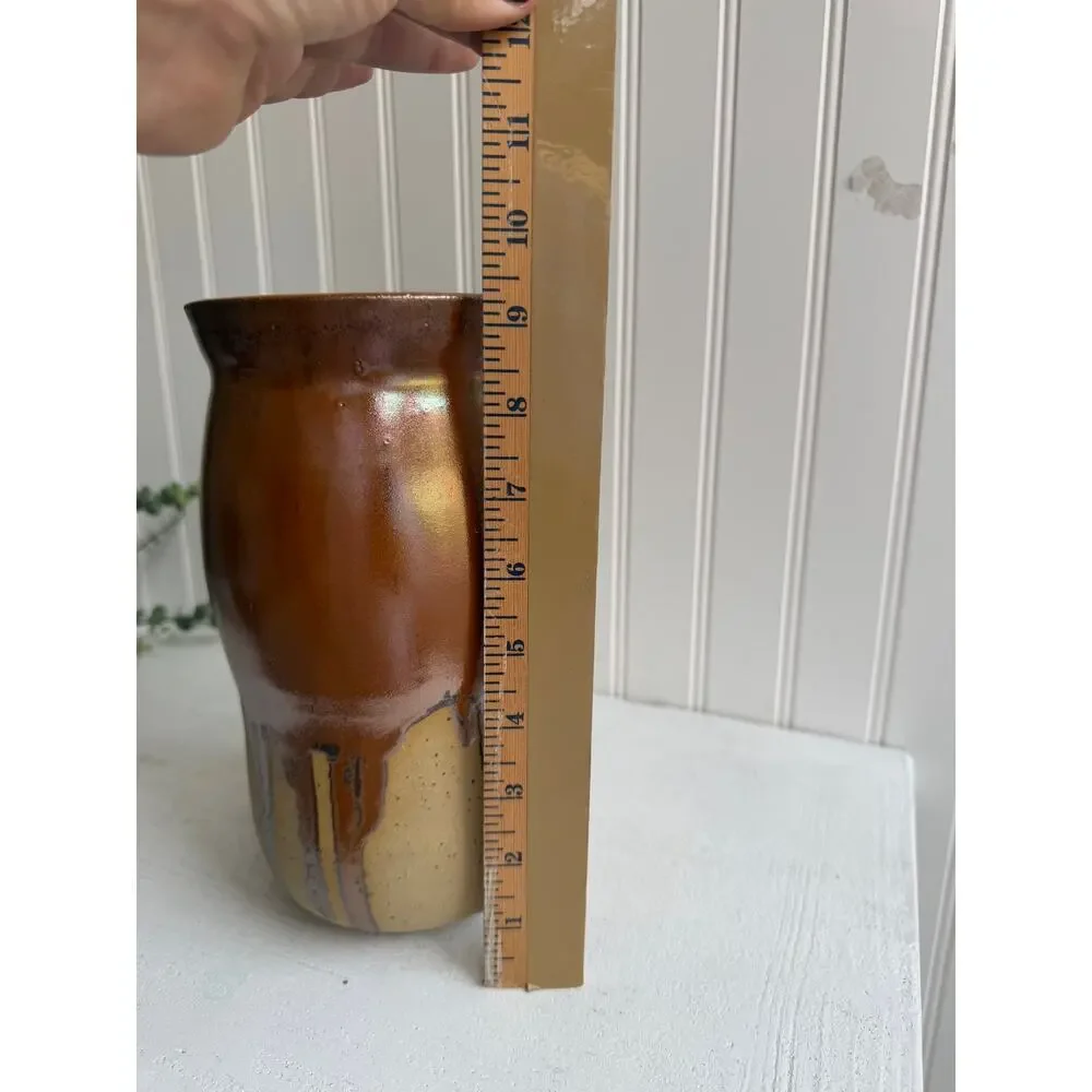 Alton Art Pottery Handmade Brown Drip Glaze Vase Rustic Primitive Organic Modern